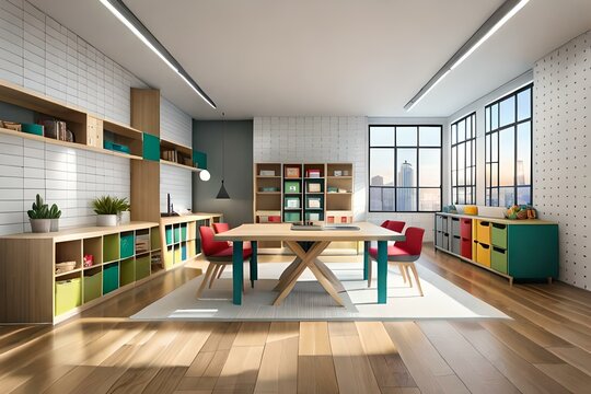 image of a vibrant children's and teenage playroom with colorful furniture, educational toys,