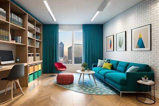 image of a vibrant children's and teenage playroom with colorful furniture, 