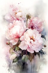picturesque watercolor postcard with a bouquet of white-pink peonies. generated ai