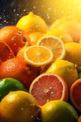 Fototapeta na wymiar Fresh tasty citrus mix, oranges, lime, lemons and grapefruit slices, after rain, juice splashing around, rain drops, bright sunlight, bokeh natural background, banner, AI Generated