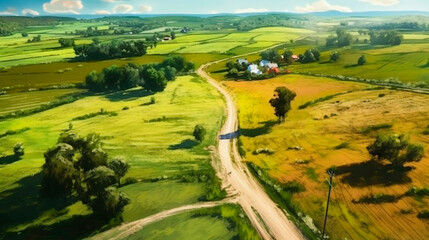 Farm landscape, agricultural fields, beautiful countryside, country road. Nature Illustration, photorealistic top view drone. Generative AI