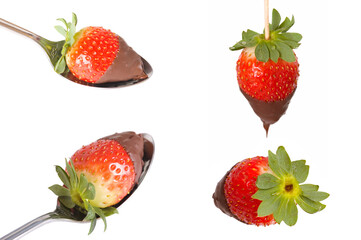 Four pictures off strawberries with chocolate put together