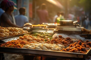 Street Food Delights: A Variety of Global Delicacies From Local Food Stalls and Trucks. Generative AI.