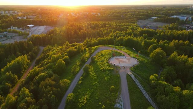 Aerial view of Malminkartanonhuippu, the highest point in Helsinki at 91 meters above sea level. This artificial hill has developed over the years as the area was used as municipal land.