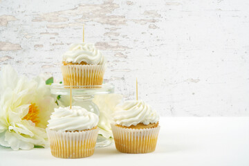 Three vanilla cupcake toppers mockup. Romantic shabby chic, modern farmhouse styling. Negative copy...