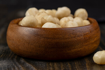 Peeled macadamia nuts on the table
