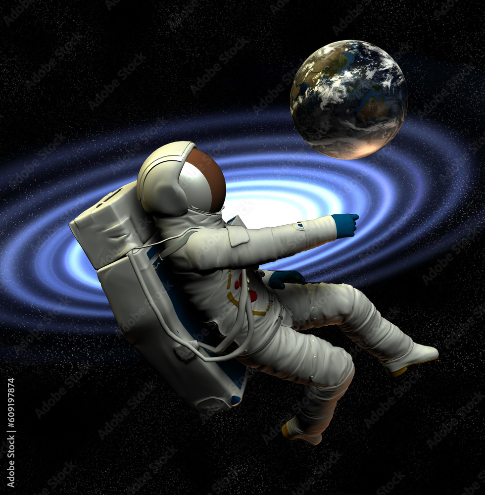 Poster a conceptual image of spaceman or astronaut floating in space.
