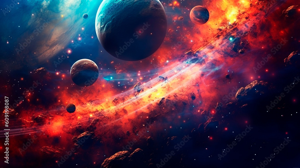 Wall mural space digital artwork. surreal fantasy cosmos. nebula with planets and stars. generative ai