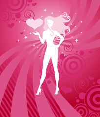 Obraz na płótnie Canvas Sparkling white silhouette of a beautiful girl with long, curly hair on a vibrant pink and red background - great for Valentine's designs! (drawn, not a trace)