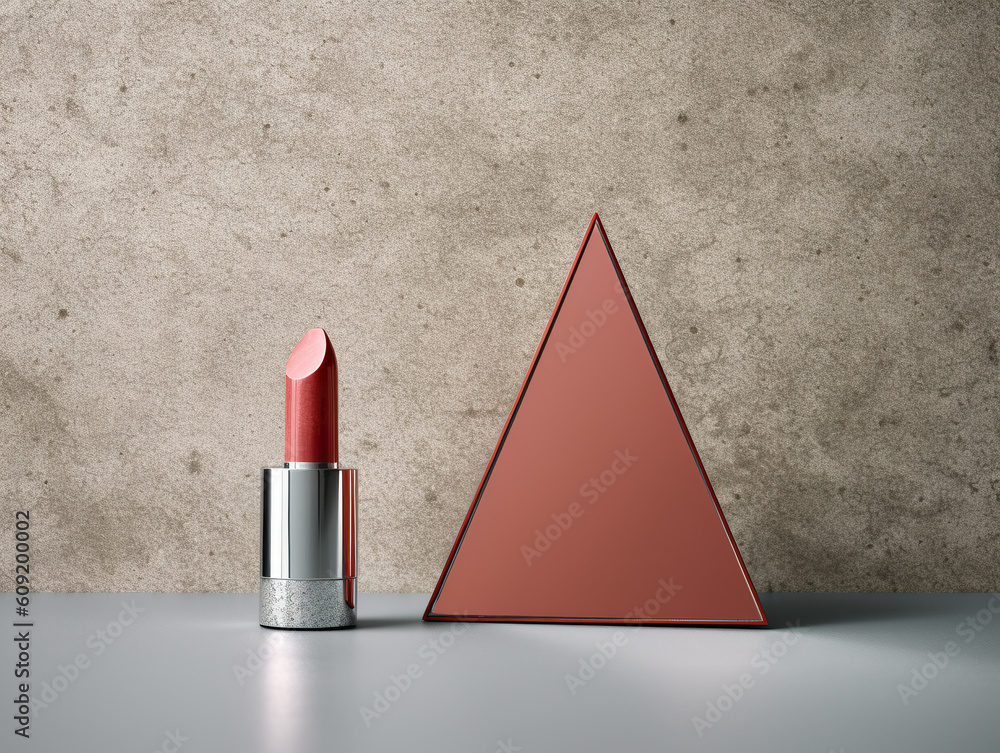Poster a red lipstick sitting next to a triangular mirror. generative ai.