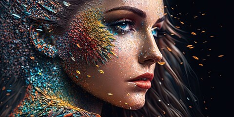 Pointillism beautiful woman by Karol Bakowl photography. Generative AI AIG15. - obrazy, fototapety, plakaty