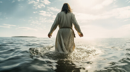Jesus Walks on Water created with generative AI technology - obrazy, fototapety, plakaty