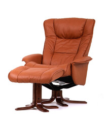 Brown leather recliner chair with matching footstool. Perspective view isolated on white.