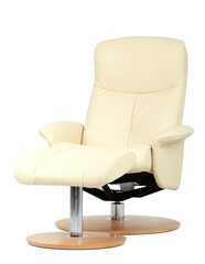 Off-white leather recliner chair with matching footstool. Perspective view isolated on white.