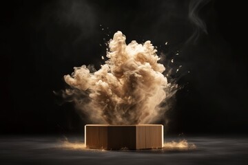 podium or pedestal product display with smoke effect explosion with black background lighting. Generative ai