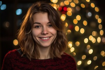 Portrait of a beautiful young woman in a red sweater on the background of a Christmas tree