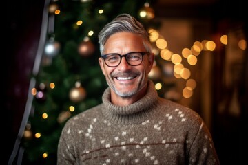 Portrait of a handsome senior man with glasses standing in front of a Christmas tree