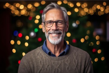 Portrait of a senior man with glasses against blurred christmas lights