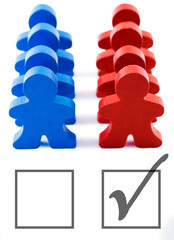 Red and blue people representing democratic and republican parties.  Includes clipping path.