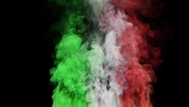 Colored smoke in colors of Italian flag rising up - 4K isolated on black background with alpha mask pass