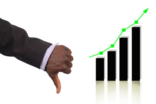 This is an image of a business hand representing a "Bad Prediction".This is indicated by the thumb down gesture and the rise in the graph.