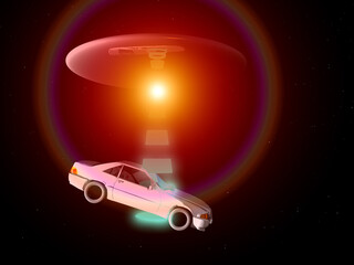 Fototapeta na wymiar A car that is being adducted by a UFO with a glowing beam.