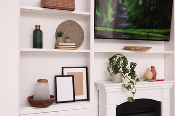 TV and shelves with different decor and houseplants in room. Interior design