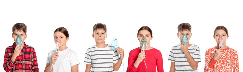 Inhalation therapy. Collage with photos of kids using nebulizers on white background