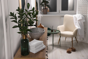 Modern bathroom interior with stylish mirror, eucalyptus branches, vessel sink and wooden vanity