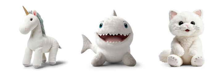 cutout set of 3 stuffed animal toys isolated on transparent png background - Generative AI
