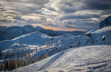 Mountain ski resort Nassfeld near Hermagor, Austria - morning view of well prepared slopes with no...