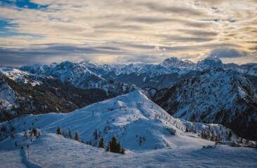 Mountain ski resort Nassfeld near Hermagor, Austria - morning view of well prepared slopes with no people. January 2022