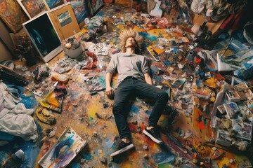 A top view of an overworked young Scandinavian male artist lying on the floor that is full of artwork equipments in an art studio. Generative AI image AIG30. - obrazy, fototapety, plakaty