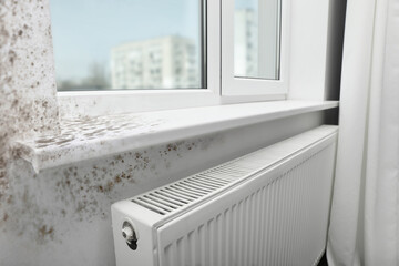 Window sill and slope affected with mold in room