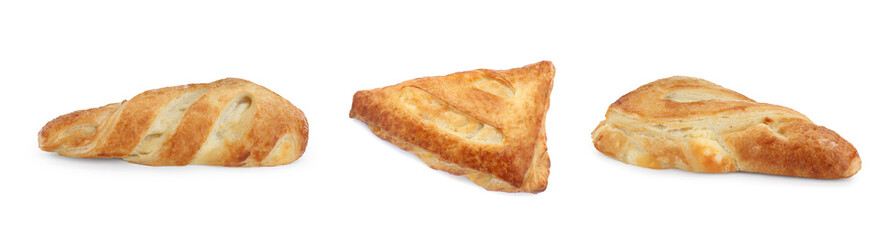 Collage with tasty puff pastries on white background