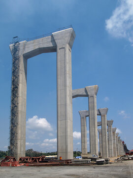 Concrete pillars of motorway bridge under construction