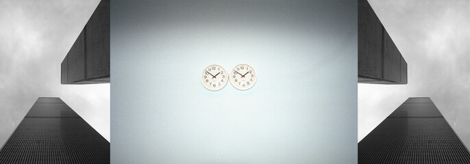 The twins Towers and two clocks - obrazy, fototapety, plakaty