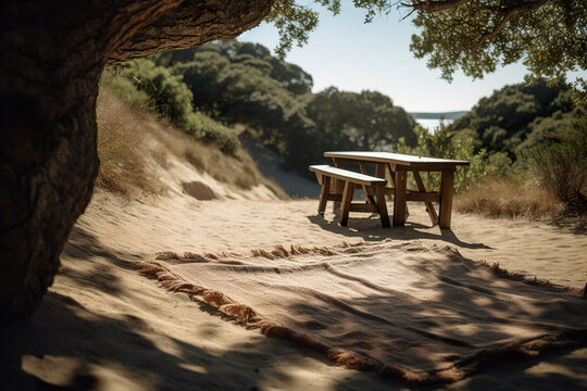 Wooden table and white towel on the sand, ocean background. Close-up summer scene with a wooden table laid with a tablecloth on a sand dune in the sun under a huge oak tree. Generative AI