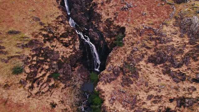 Mountain river at Snowdonia national park in Wales, top aerial view. High quality 4k footage