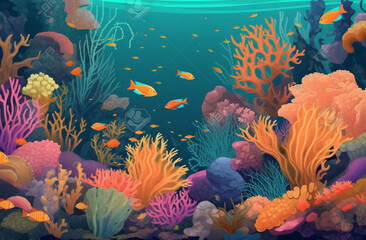 Fototapeta na wymiar Underwater Reef Illustration With Colorful Coral And Marine Life