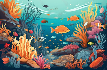 Obraz na płótnie Canvas Underwater Reef Illustration With Colorful Coral And Marine Life