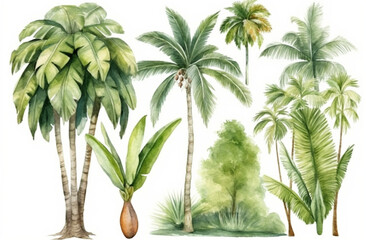 Obraz premium Watercolor Tropical Palm Trees Illustration on White Background