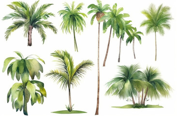 Watercolor Tropical Palm Trees Illustration on White Background