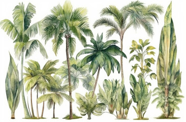 Watercolor Tropical Palm Trees Illustration on White Background
