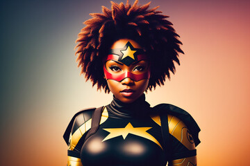 Female african american superhero. Portrait of black woman n fantastic costume and a super hero mask. Generative AI. - obrazy, fototapety, plakaty