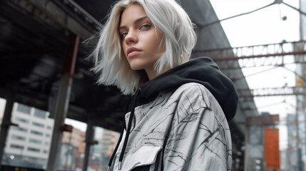 Young woman with skate style and urban details created with Generative AI Technology