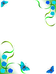 Fototapeta premium Framework for a photo - light-blue flowers, butterfly, grass on a white background