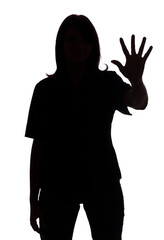 isolated on white silhouette of woman showing stop