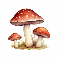 Isolated Group of Red Toadstools Watercolor-Style Illustration [Generative AI]