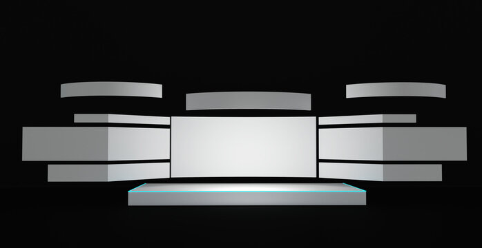 Empty stage design for mockup and corporate identity, display. Platform elements in hall. Blank screen system for graphic Resources. Scene event led night light staging. 3d rendering for online.